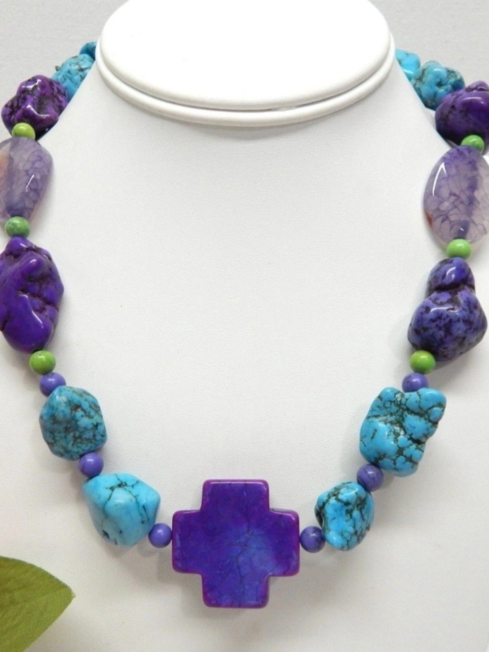 Purple & Turquoise Stone Cross Necklace Howlite & Inclusion Quartz Bead Necklace